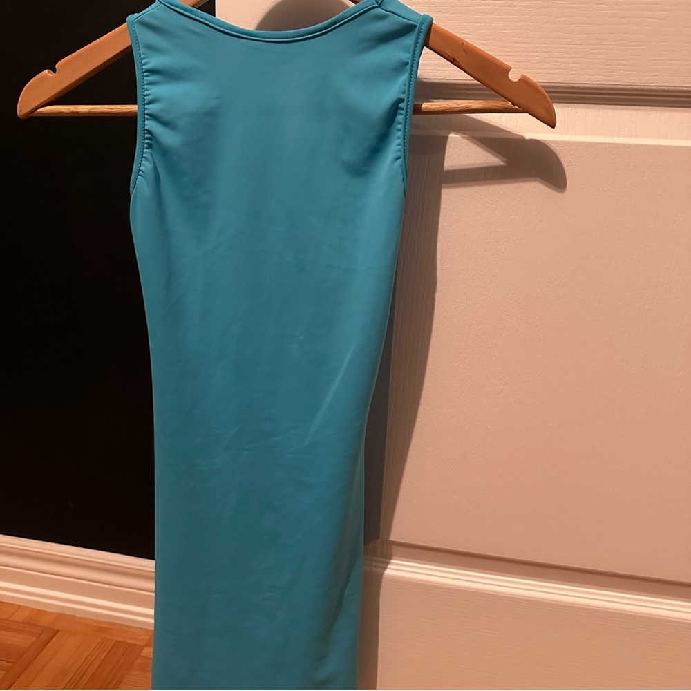 NEW WITH TAGS: Petite Aqua Blue Backless Ruched Slinky Mini Dress